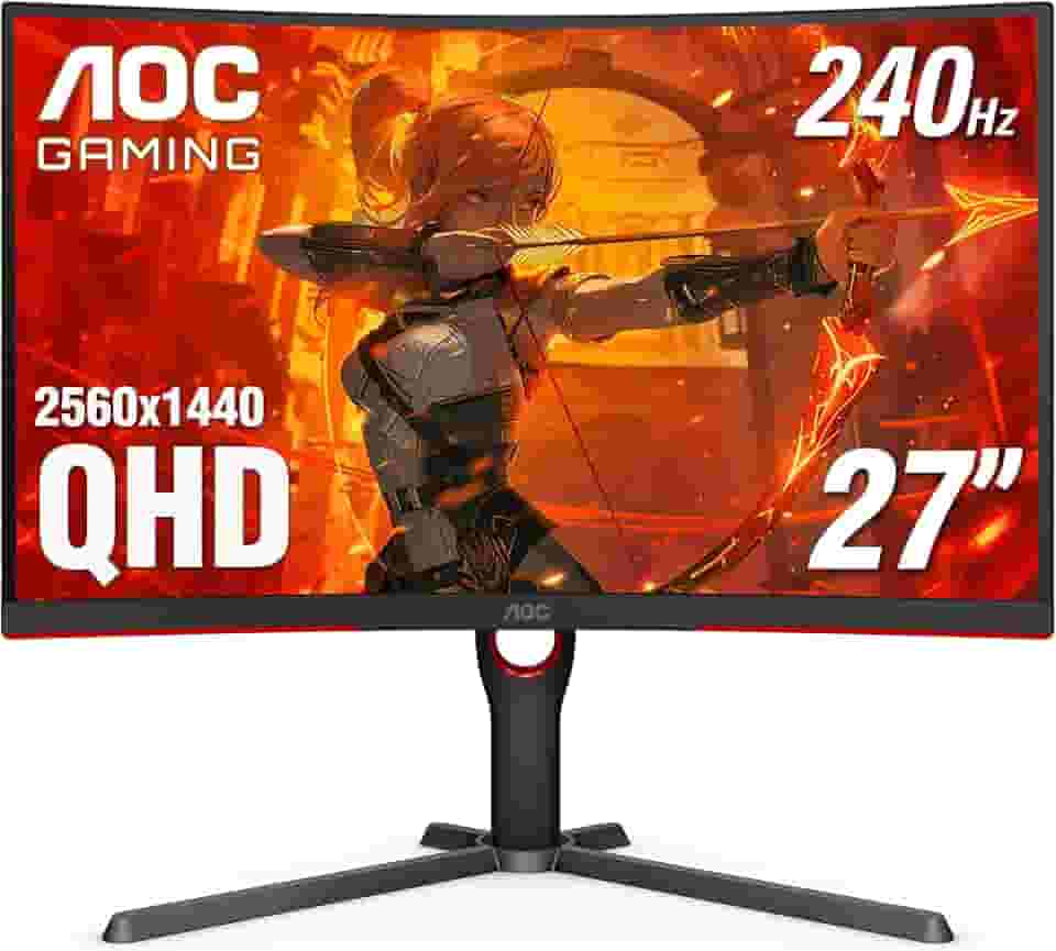 AOC CQ27G3Z Curved Gaming Monitor, QHD 2K 2560 x 1440, 1000R VA, 240 Hz 0,5 ms, FreeSync Premium, Height ajustável Stand, Xbox PS5 Switch, 3-Year Zero-Bright. - Dot, B Preto