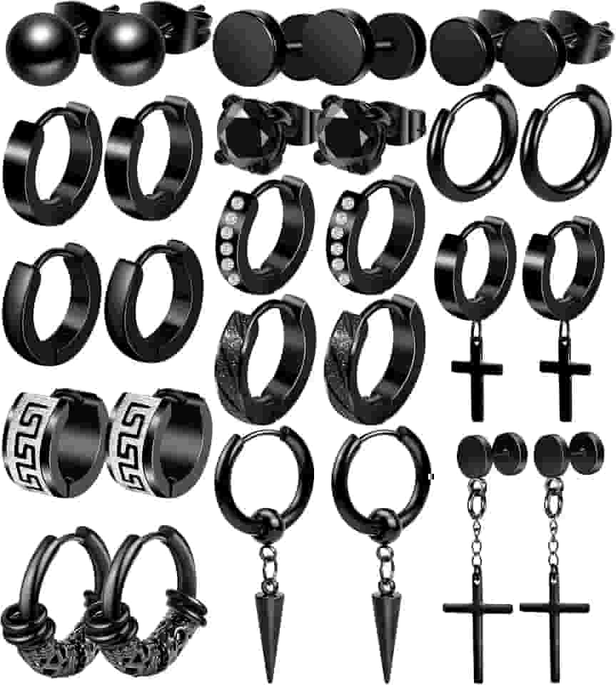 Conjunto de 15 pares de brincos masculinos pretos de aço inoxidável de cruz para homens e mulheres, hipoalergênicos, brincos de pendurar, argolas, tarraxas, Aço inoxidável, Sem pedra preciosa
