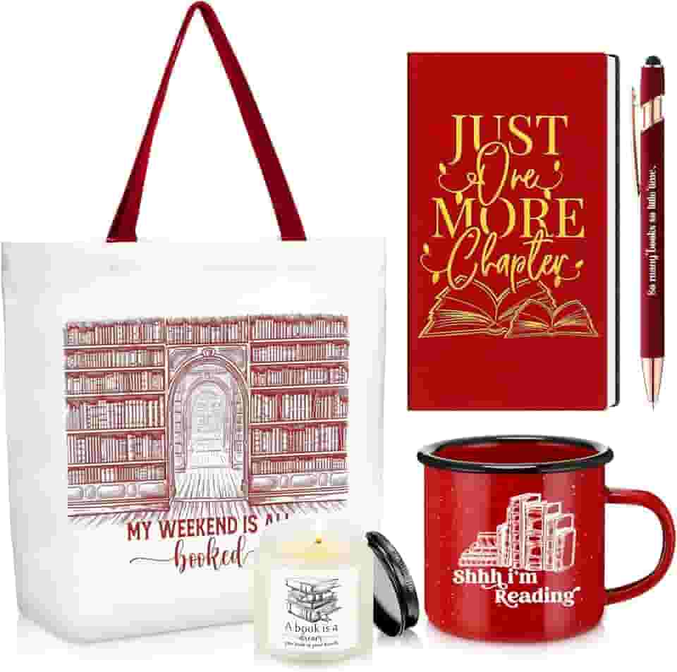 Jetec Conjunto de 5 presentes para amantes de livros de Natal para leitores, inclui sacola de lona, diário, caderno com caneta esferográfica, caneca esmaltada, vela perfumada para adolescentes