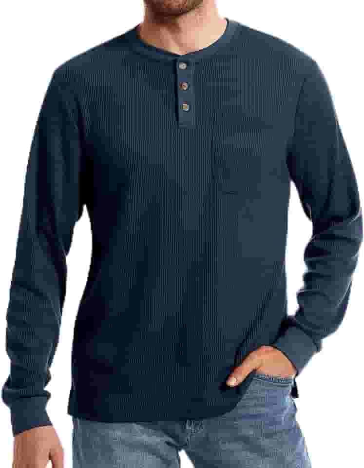 Camisetas masculinas Henley manga curta botão waffle com bolso