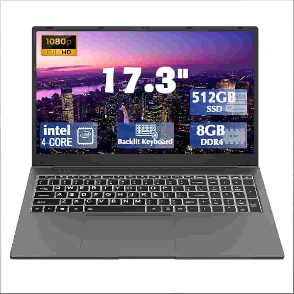 Laptop de 17 polegadas com teclado retroiluminado, teclado de fonte grande tamanho completo, Celeron N5095 8 GB RAM 512 GB SSD, computadores com Win 11, tipo C, webcam, Wi-Fi duplo, BT4.2 e