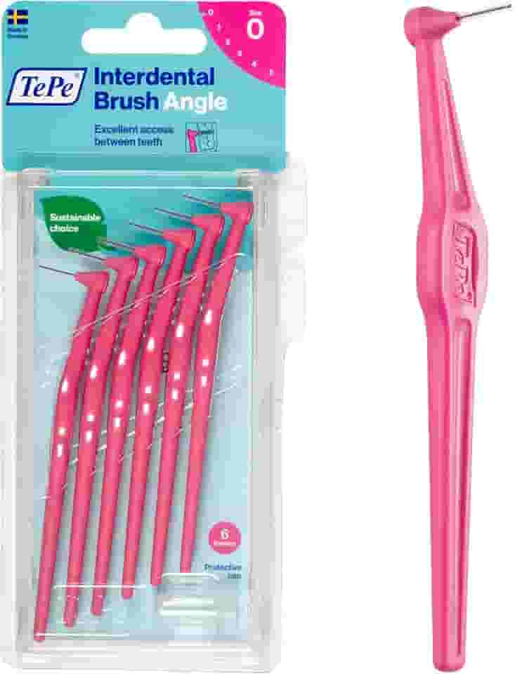TEPE Ângulo de escova interdental, escova dentária angular para limpeza de dentes, pacote com 6, 0,44 mm, espaços extrapequenos/pequenos, rosa, tamanho 0