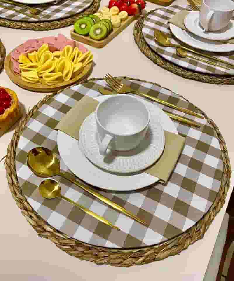 Kit 04 Capas Sousplat Xadrez 35cm Bege Decoração Mesa Posta