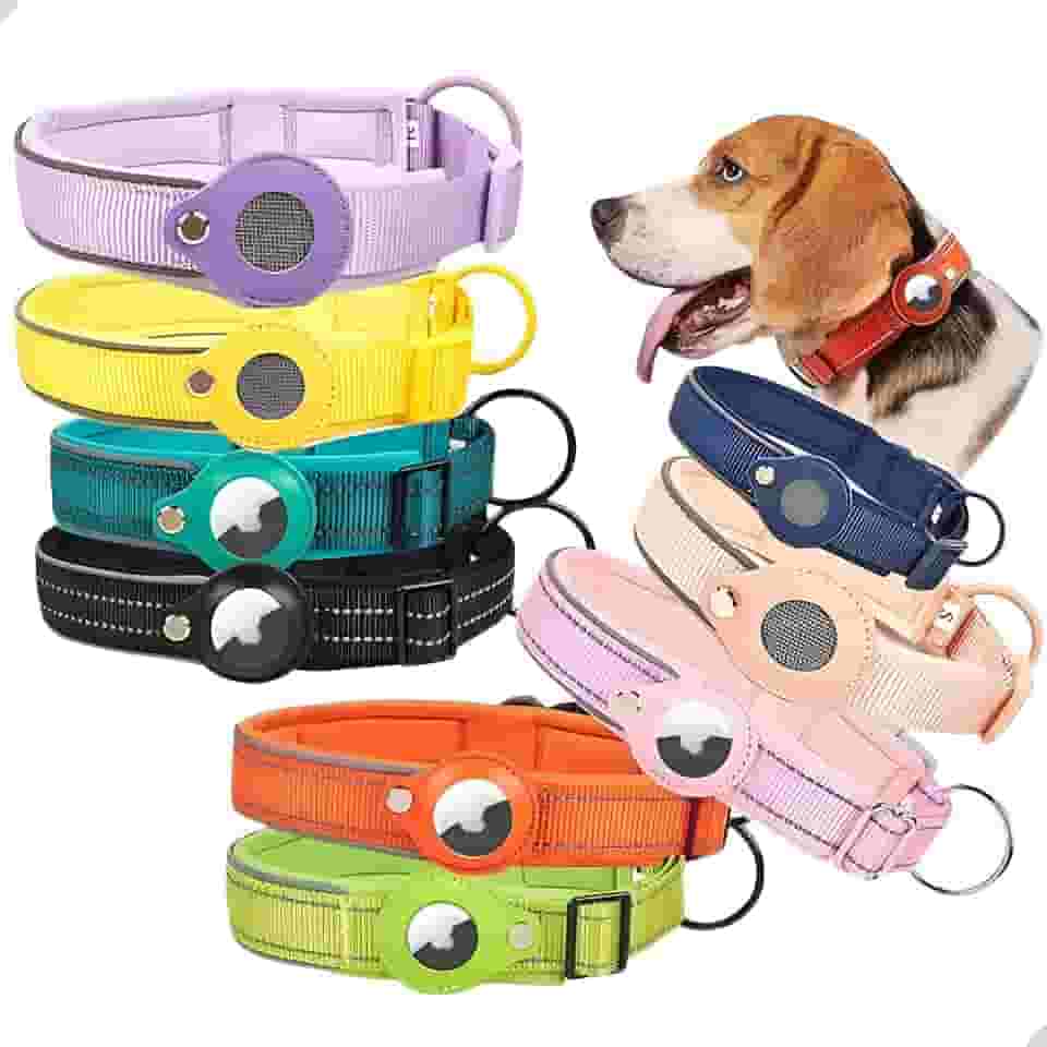 Coleira acolchoada refletiva para cães com suporte para AirTag - Coleira de animal de estimação acessório ajustável para cães pequenos, médios e grandes (Preta, G)