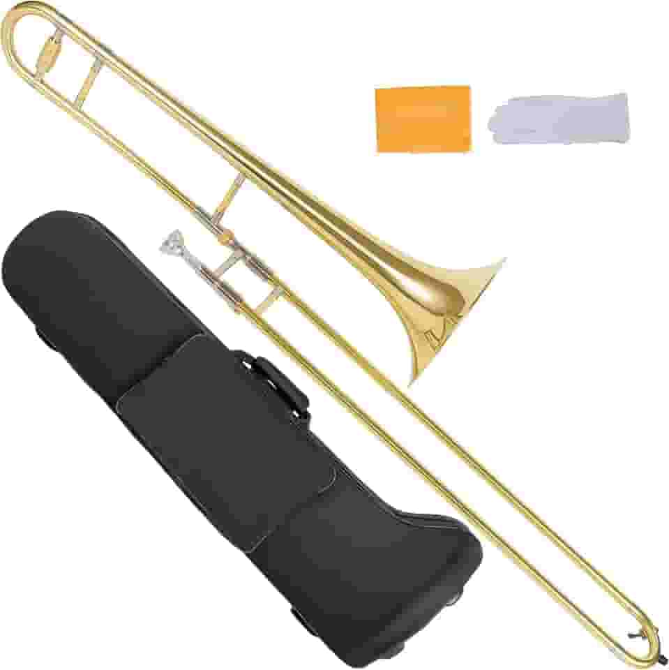 AKLOT Trombone Tenor Bb Clássico: Instrumentos de latão plano B de nível básico com sino martelado à mão, acabamento em laca dourada antimanchas, ideal para iniciantes, inclui estojo rígido, bocal
