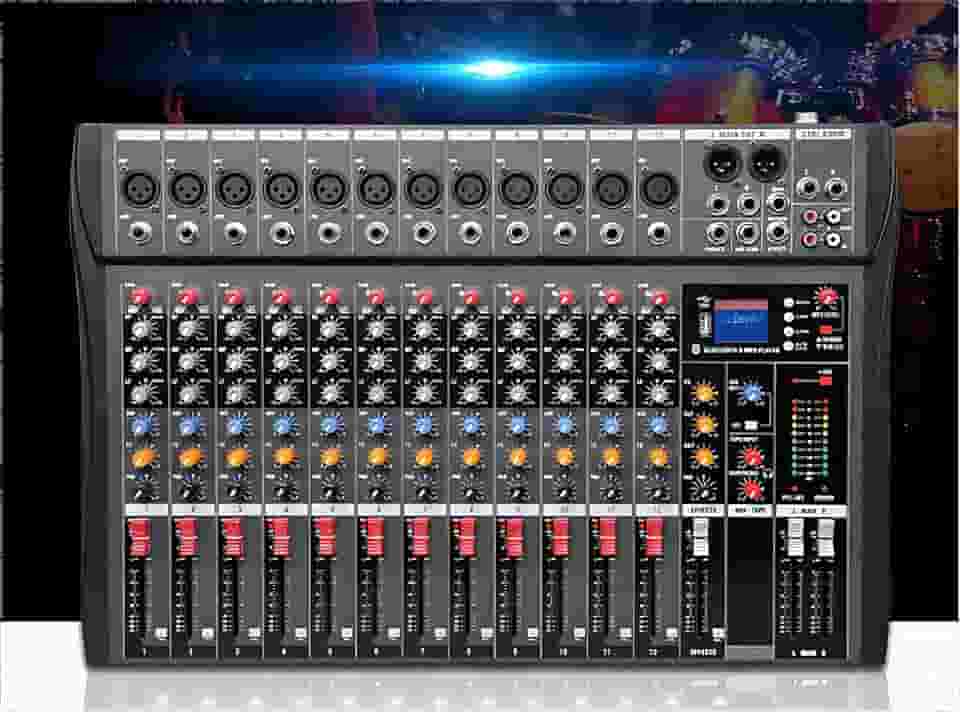 VEDO Mesa de som 12 canal, Small Stage Bluetooth USB MP3, entrada 48V Phantom Power DJ Audio Network Karaoke Mobile Live High Power Mixer Professional 12 Channel Studio Audio Mixer 110V/220V 12 canais