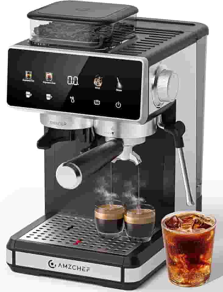AMZCHEF Máquina de café expresso de 20 barras com moedor - máquina de café de 3 temperaturas com 20 configurações de moagem, máquina de café expresso quente/frio com espumador de leite, máquina de