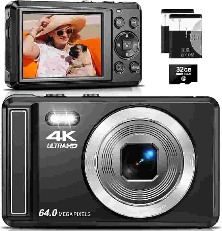 Câmera Digital 4K,Fotográfica para Vlog 64MP, Foco Automático, Zoom 16X,Tela IPS de 2.8 Polegadas para fotografia, Flash, Cartão SD de 32GB, Câmera Compacta,para Crianças e Adolescentes