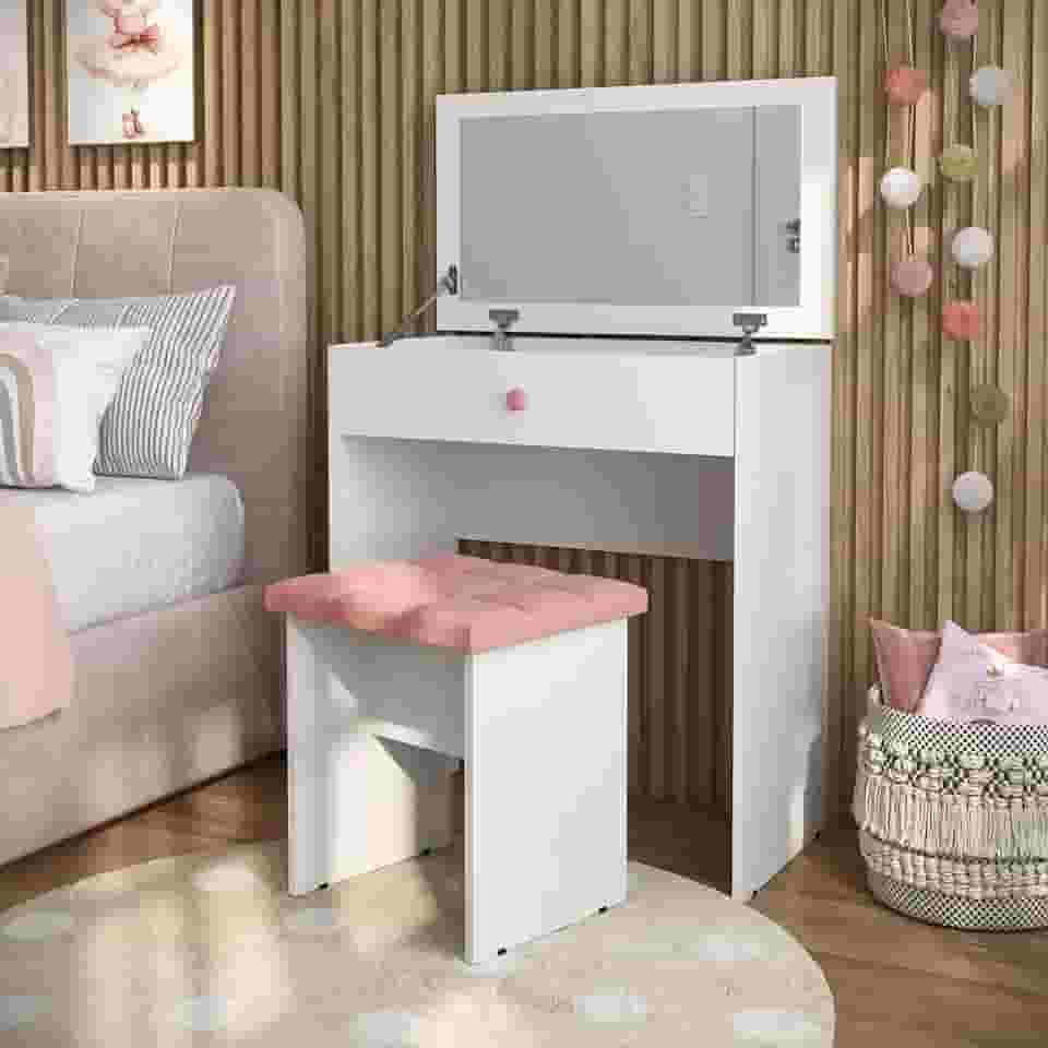 Penteadeira Camarim Com Espelho Escrivaninha Infantil Com Banqueta