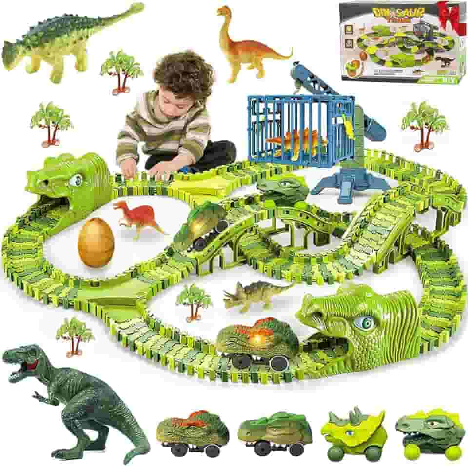 Pista Dinossauro Track Cars com Looping e Acessórios 279 Peças + Carrinho, Criar um Dinossauro World, Pista flexível Race Tracks, Brinquedos de dinossauro Meninos Aniversário Gift