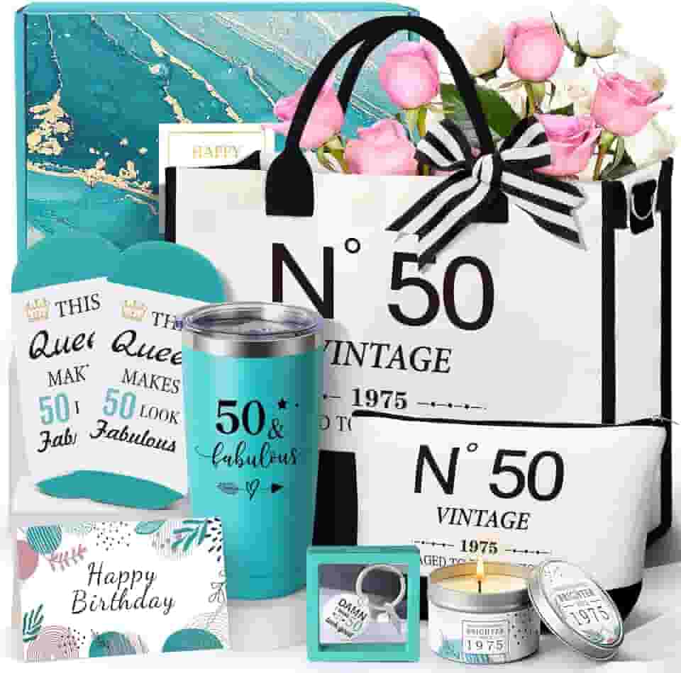 Presentes de aniversário de 50 anos para mulheres, conjunto de presente para mulheres, sacola de lona de 1975, presente de aniversário de 50 anos, cesta para ela virar 50 anos, mãe, esposa, irmã amiga