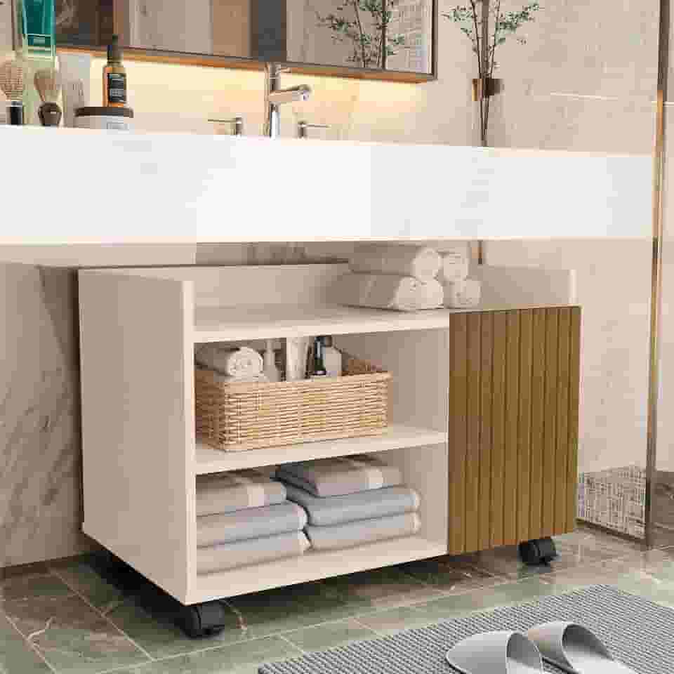 gabinete multiuso com rodízios nichos e gaveta ripado de chão para banheiro (off/ripado)