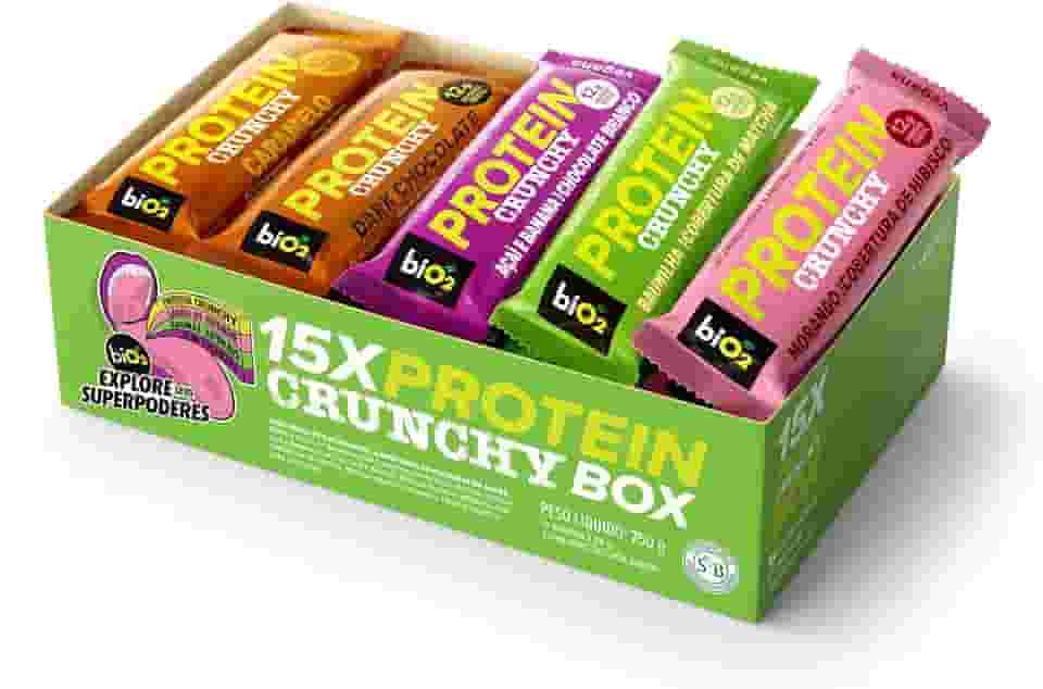 Kit Barra de Proteína Crocante biO2 Protein Crunchy Box, 15 barras de 50 g, 5 sabores Vegana e sem Glúten