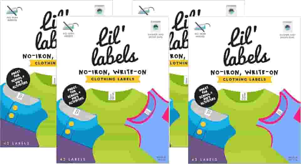 Lil' Labels Etiquetas de roupas, nome para escrever no nome, não passar a ferro, pode ir à máquina de lavar e secar na secadora. Etiqueta infantil para creche e escola, conjunto de 4