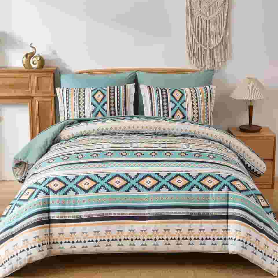 Dinjoy Conjunto de edredom Boho King Size em uma bolsa, 7 peças, conjunto de edredom listrado asteca para outono, boêmio, conjunto completo de edredons geométricos para mulheres e homens, 224 x 264 cm