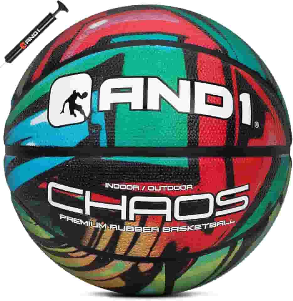 AND1 Bola de basquete de borracha Chaos: (esvaziada com bomba incluída), tamanho oficial, basquete com bomba, tamanho 7, Grafite verde/vermelho, 5A1BK0102E9