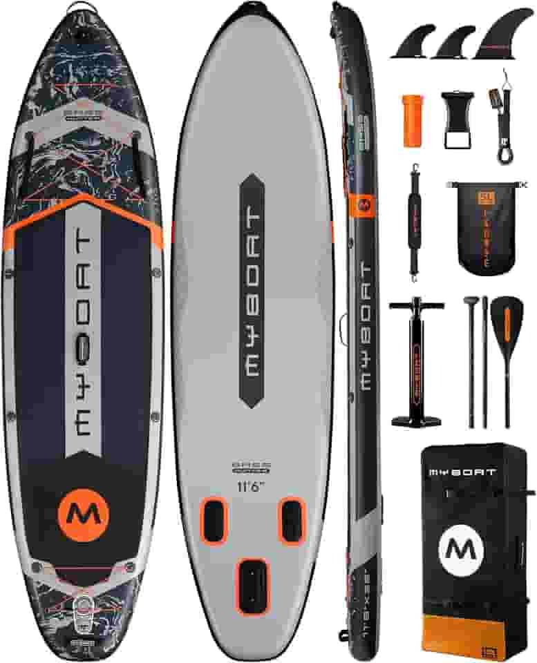 myboat Prancha De Stand-Up Paddle Inflável Extra Larga 11'6' X 35' 6', Paddle, Sup Para Capacidade 450 Lb Com 3 Nadadeiras Removíveis, Bomba Dupla Ação, Remo Flutuante, Bolsa À Prova D'Água 5 L, Gui