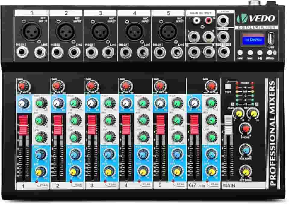 VDA107L Mixer de Áudio Profissional 7 Canais,Bluetooth 5.0, USB Phantom Power 48V Placa Som Digital com 6 Modos Efeito, Ideal para Shows ao Vivo Casamentos Podcasts Transmissões e Gravação em Estúdio
