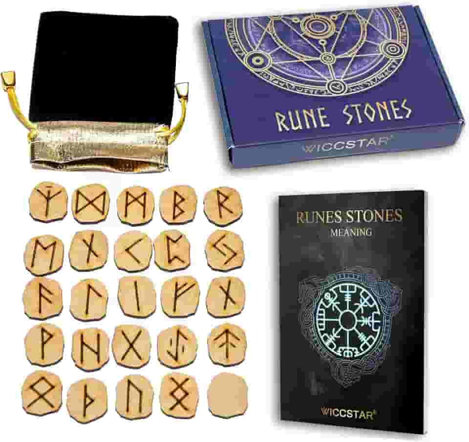 WICCSTAR Conjunto de pedras runas. 25 peças gravadas com 5 layouts diferentes e livreto de significado de runas