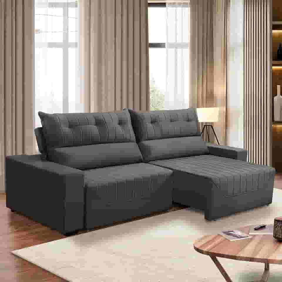 Sofá Retrátil e Reclinável 5 Lugares 3,00m Antonella Veludo Cinza Adonai Estofados