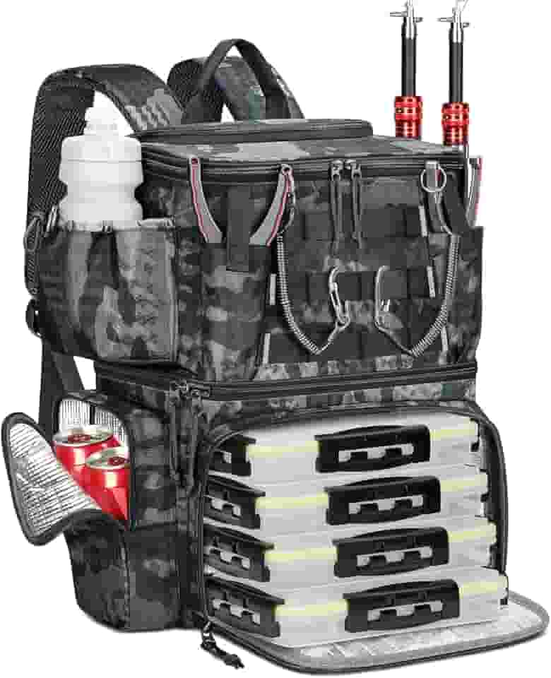 MATEIN Mochila de pesca com 4 caixas de equipamentos e suporte de vara, mochila de equipamento com bússola de segurança e compartimento isolado, bandeja de pesca resistente à água, equipamentos e