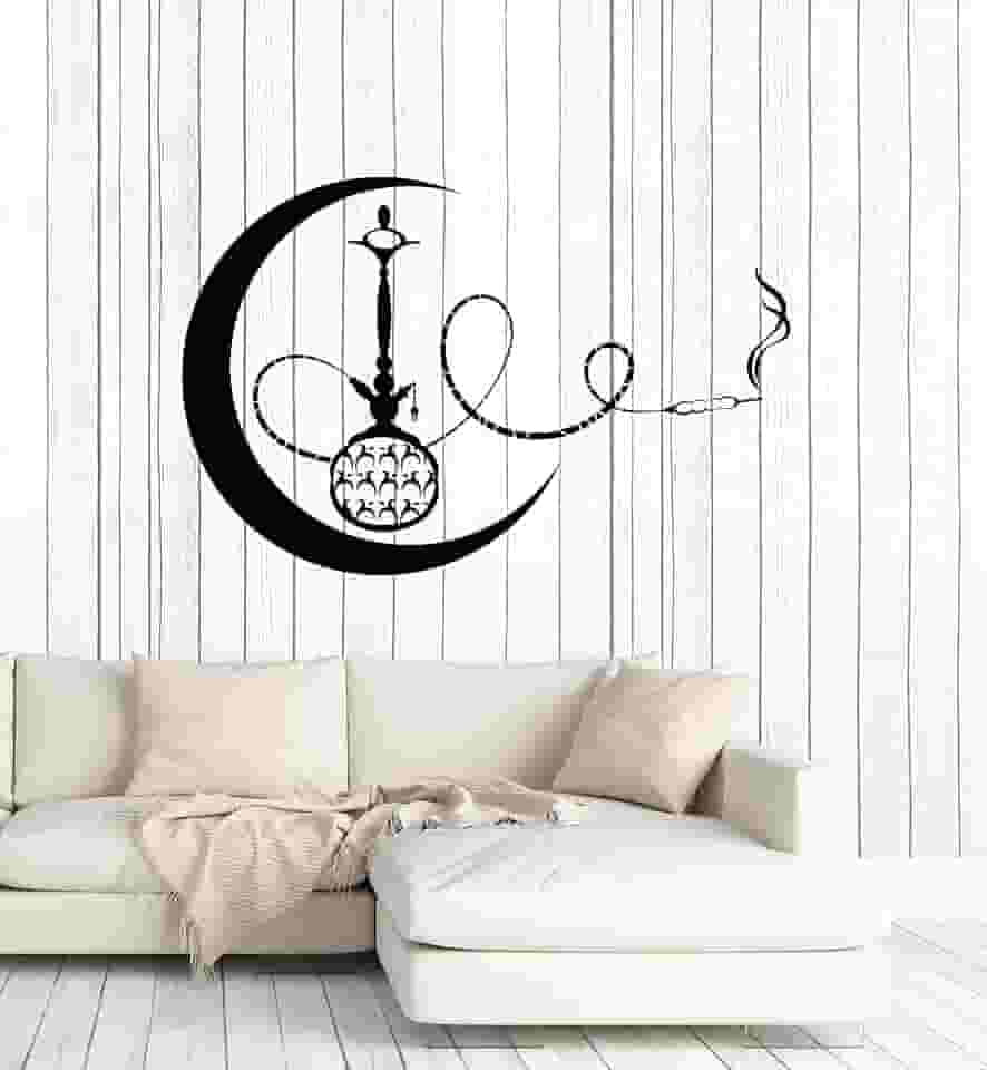 Decalque de parede de vinil dispositivo lua crescente narguilé fumar tabaco adesivos mural grande decoração (g6373) preto