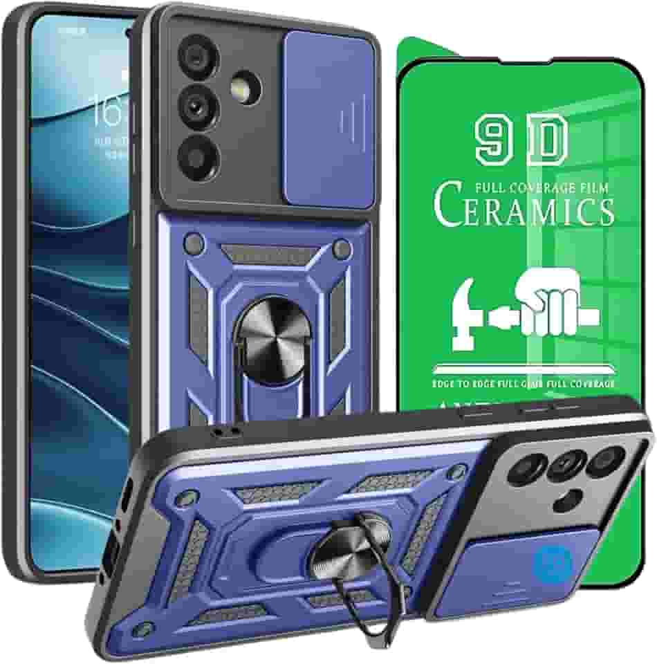 Capinha Capa para Galaxy A56 com Película em Cerâmica 9D - Case Protetora Anti Impacto Armadura Militar com Suporte de Anel Magnético - FD Acessórios. (Azul)