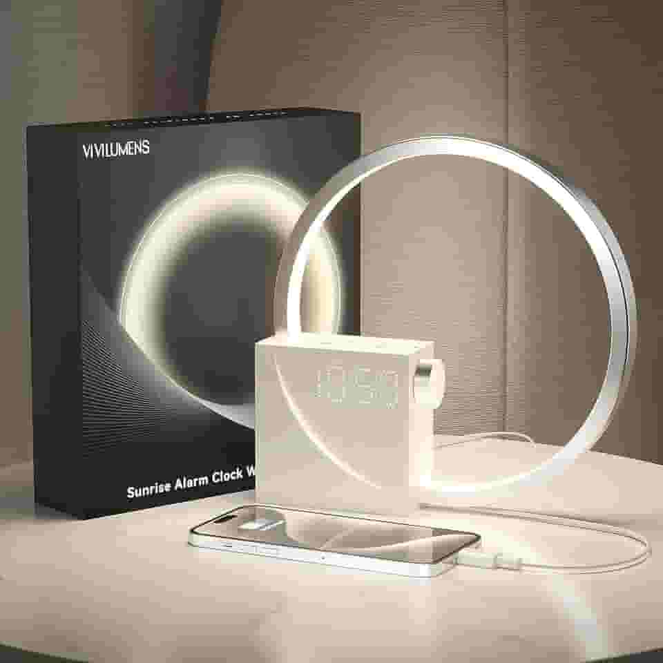 Vivilumens Despertador digital Sunrise, máquina de som de ruído branco, temporizador de auxílio ao sono com porta USB, visor digital regulável, soneca, 10 toques para pessoas com sono pesado, presente