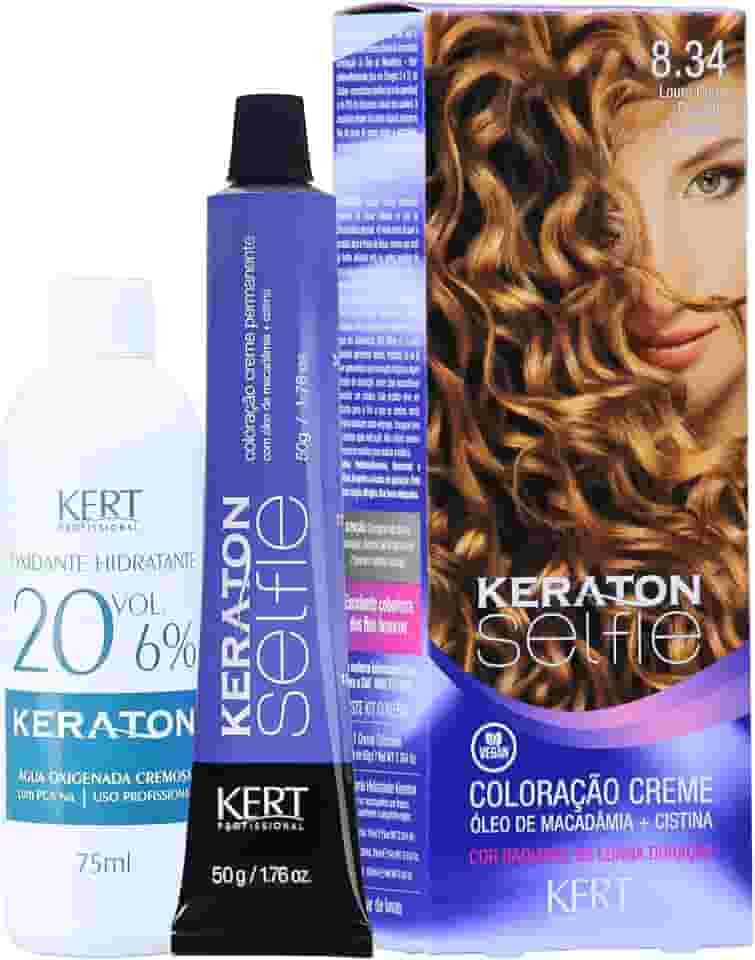 Keraton Coloração Permanente Em Creme Para Cabelos Com Cistina E Óleo De Macadâmia Selfie 50G Nº 8.34 Louro Claro Dourado Acobreado