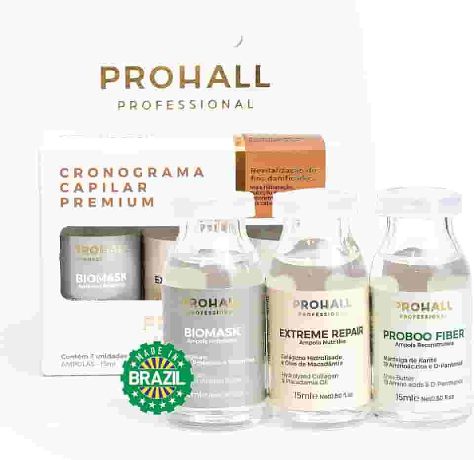 Prohall Cosmetic Kit Mascarilla de Tratamiento Cronograma Capilar Premium com 3- Ampolas Tratamiento de Proteínas para Cabello 1.5FLOz