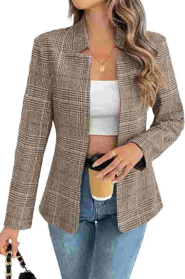 Blazer feminino xadrez aberto na frente com gola alta para trabalho casual