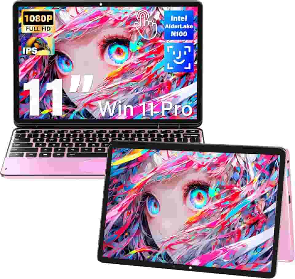 Svikou Laptop conversível 2 em 1 com tela sensível ao toque rosa de 11 polegadas, tela IPS FHD (1920 x 1200), processador Intel N100, 16 GB de RAM, SSD de 1 TB, reconhecimento facial, KB