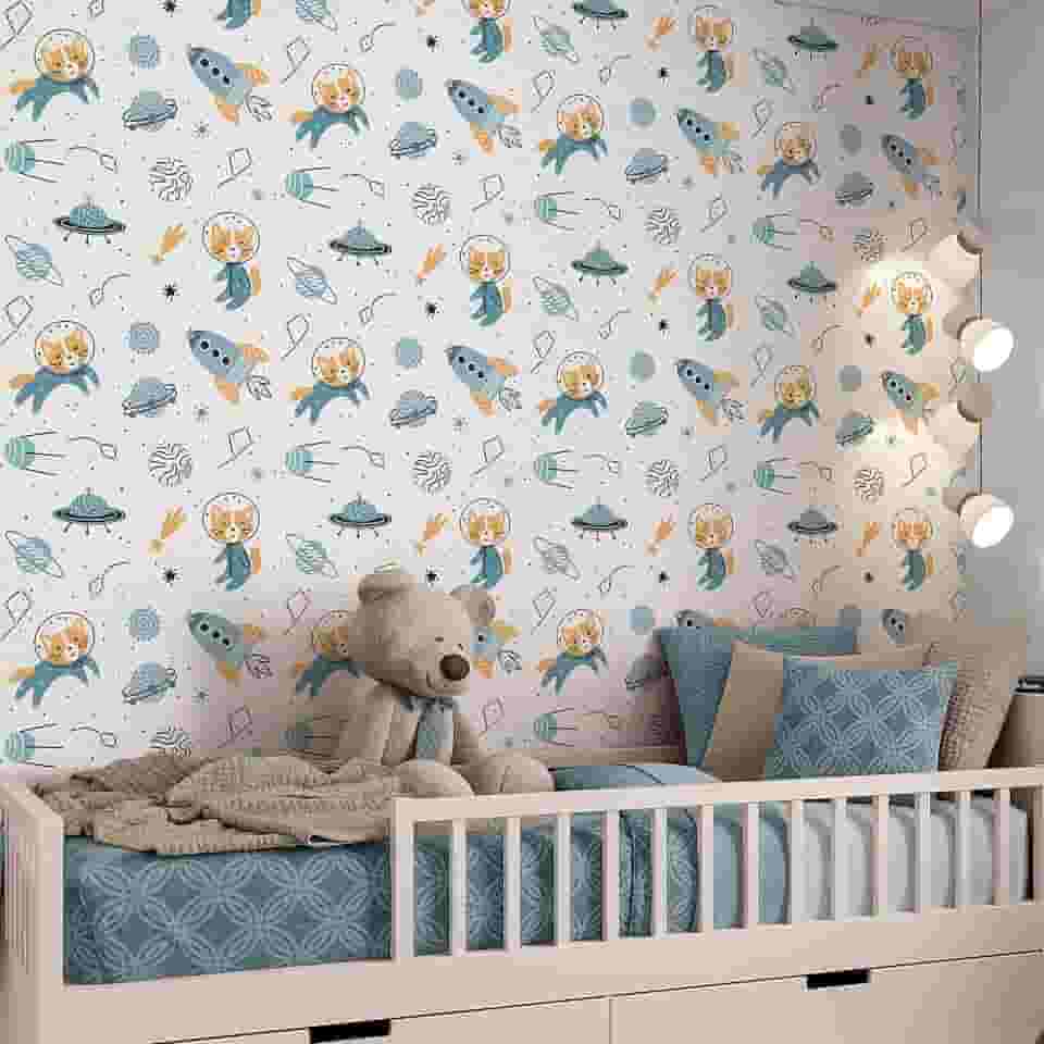 Papel de Parede Adesivo Infantil Gatinho Astronauta