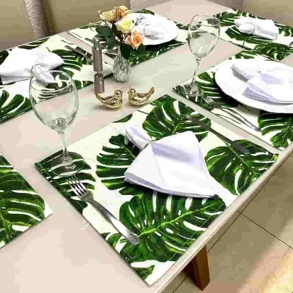 Jogo Americano Tecido 6 Un + 6 Guardanapos + 6 Porta Guardanapos (Costela Adão Verde Guard. Branco)