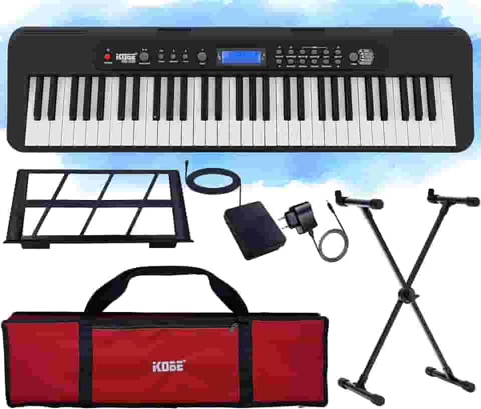Kit Teclado Musical Digital Kobe KB-300 5/8 61 Teclas Sensíveis ao Toque com Pedal Sustain Capa e Estante