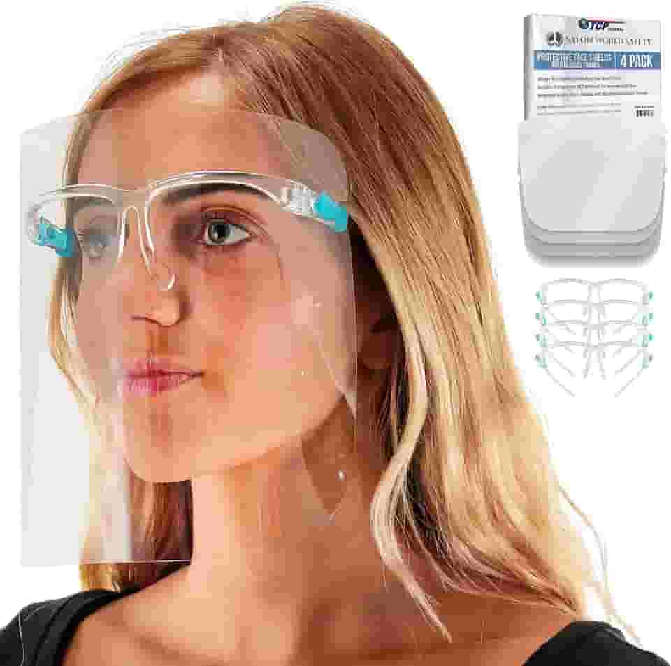 TCP Global Salon World Safety Face Shields com armação de óculos (pacote com 4) – Escudos de proteção ultra transparente para proteger os olhos, nariz, boca – Protetor de plástico PET antiembaçante