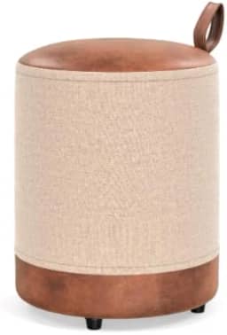 Puff Redondo Euro Couro e Linho Bege Sala Quarto 1 Unidade Puf
