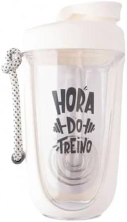 Coqueteleira Shakeira Whey para Academia e Treino com Misturador e Alça Esfera Mola Frase Hora do Treino 550 Ml (Branco)