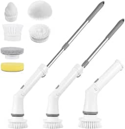 Escova de Limpeza Elétrica com Haste Extensível Ajuste de Ângulo Flexível Conjunto de 8 Cabeças Branco Recarregável Fácil de Utilizar