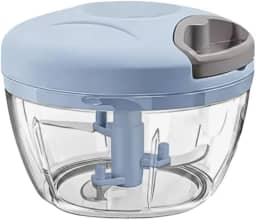 Mini Processador Triturador de Alimentos Manual 500ml Premium – Picador Multiuso para Alho, Cebola, Legumes e Frutas com 3 Lâminas Inox, Corda Retrátil e Design Portátil – Cores Sortidas