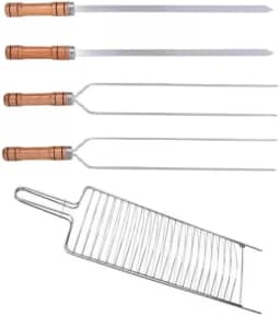 Kit Churrasco Grelha Dupla,4 Espetos Cabo Madeira 65cm Para Peixes Carnes Frangos Linguiça Churrasco.