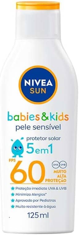 NIVEA SUN Protetor Solar Kids & Babies Pele Sensível FPS 60 125ml - Infantil, muito alta proteção UVA/UVB, minimiza o surgimento de alergias, muito resistente à água com proteção imediata