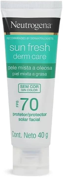 Neutrogena Sun Fresh Protetor Solar Facial Derm Care, Pele Oleosa, Sem Cor, FPS 70, 40g