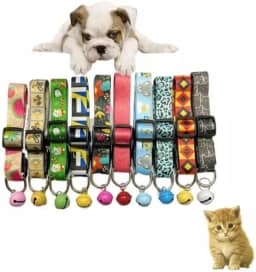 Coleiras Ajustáveis para Pets com Sino, Kit com 5 Unidades, Estampas Divertidas, Ideal para Cães e Gatos