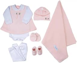 Saida Maternidade Completa Recem Nascido Menino Menina 7 Peças Sanches Baby (Rosa com Branco)