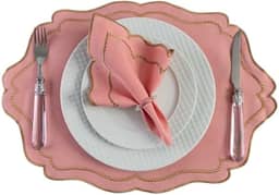 Linha Realeza Jogo Americano e Guardanapo, com Bordado Dourado, 12 Peças 6 Lugares, 50x35cm, Mesa Posta Sousplat (Rose)