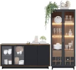 Kit Cristaleira Guanabara e Buffet Vitoria Preto Fosco/Noce Milano Colibri Móveis