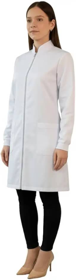 Jaleco Médico Feminino Branco, Manga Longa, Gola Alta com Zíper ou Botão, Profissional de Saúde