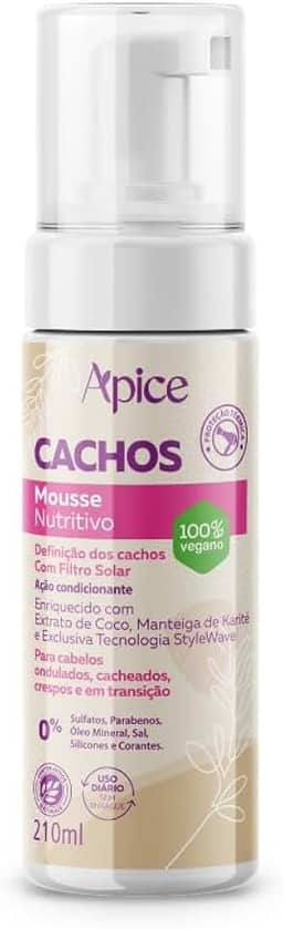Ápice Mousse Nutritivo Cachos | Definição, Hidratação e Proteção Térmica para Cabelos Cacheados, Ondulados, Crespos e em Transição | 210ml