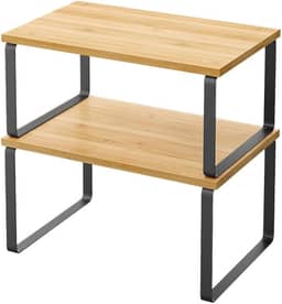 Prateleira organizadora de armário, conjunto de 2 prateleiras empilháveis, rack de armazenamento de armário de madeira e metal, suporte expansível para temperos de cozinha, prateleira multiuso